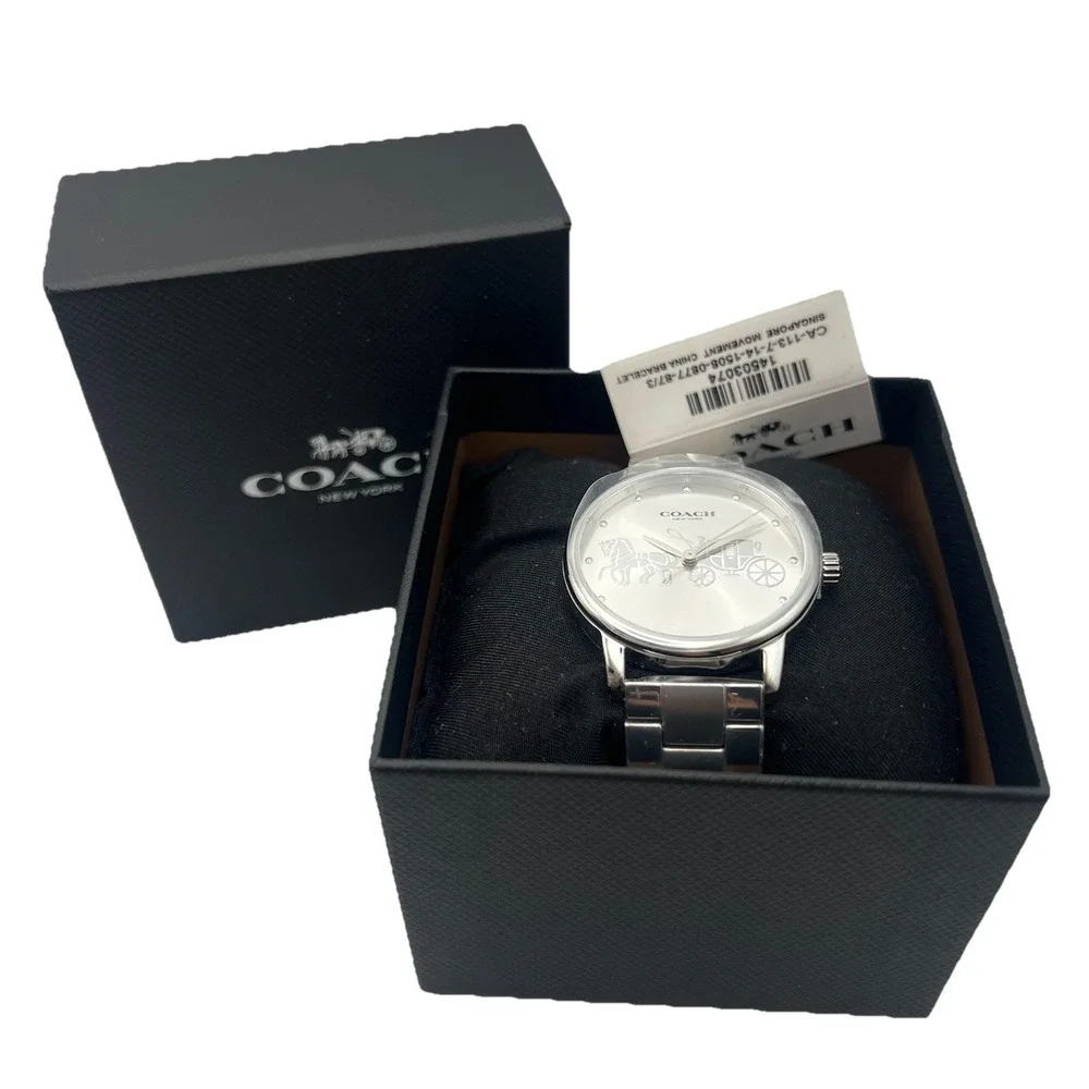 Coach New York Horse Carriage Stainless Steel Bracelet Watch Silver Dial Women